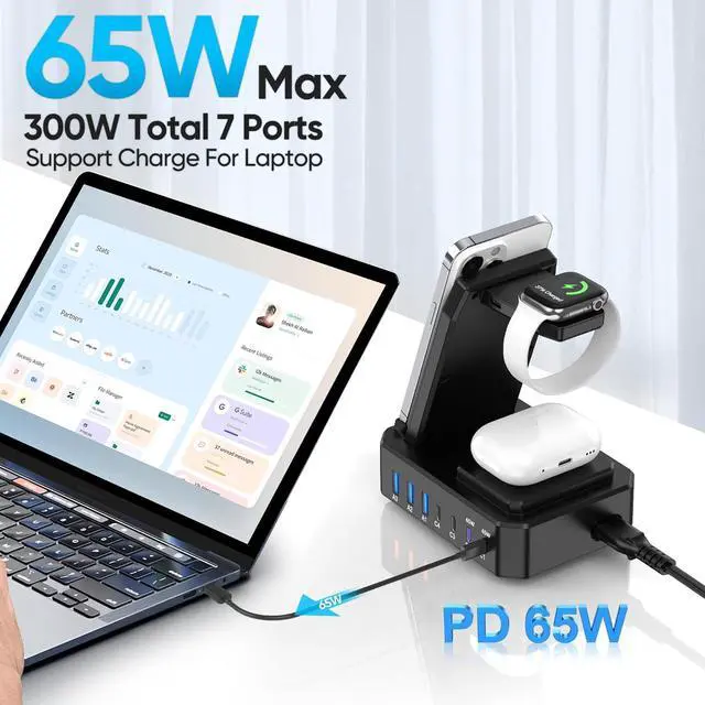 Alt view image 2 of 6 - 300W Charging Station for Multiple Devices  10 in 1 Wireless Charger for iPhone GaN III USB C 65W PD Fast Charging Stand Dock for MacBook  Watch&Airpods (Wireless Charging Only for )