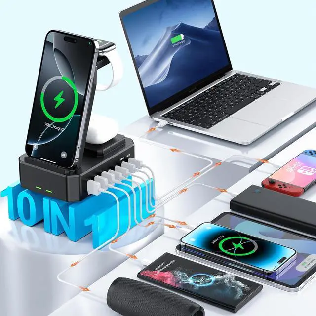 Alt view image 3 of 6 - 300W Charging Station for Multiple Devices  10 in 1 Wireless Charger for iPhone GaN III USB C 65W PD Fast Charging Stand Dock for MacBook  Watch&Airpods (Wireless Charging Only for )