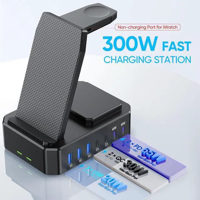 Alt view image 4 of 6 - 300W Charging Station for Multiple Devices  10 in 1 Wireless Charger for iPhone GaN III USB C 65W PD Fast Charging Stand Dock for MacBook  Watch&Airpods (Wireless Charging Only for )