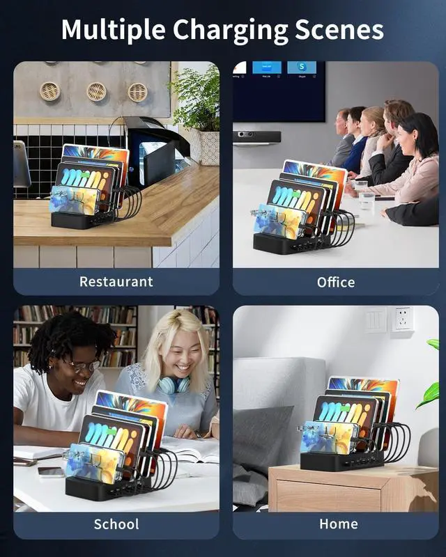 Alt view image 6 of 6 - USB C Fast Charging Station for Multiple Devices, 120W 6 Port PD Charger Station for iPhone iPad Tablet Phone, Multi-Device Organizer Charging Dock for Family Home Office Classroom