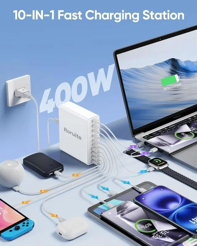 Alt view image 2 of 7 - 400W Charging Station for Multiple Devices 10-Port GaN USB C Charger Block Dual 65W Laptop Fast Charger Multiport USB Charging Station for MacBook iPhone  Galaxy iPad Android White