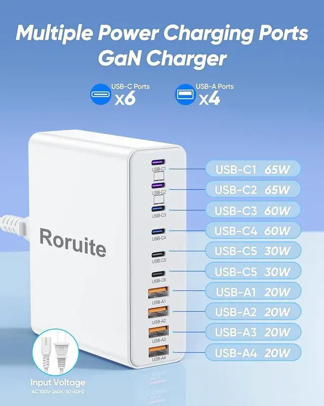 Alt view image 3 of 7 - 400W Charging Station for Multiple Devices 10-Port GaN USB C Charger Block Dual 65W Laptop Fast Charger Multiport USB Charging Station for MacBook iPhone  Galaxy iPad Android White