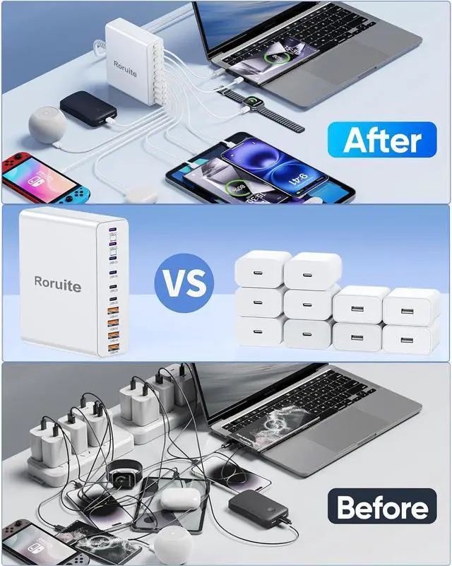 Alt view image 6 of 7 - 400W Charging Station for Multiple Devices 10-Port GaN USB C Charger Block Dual 65W Laptop Fast Charger Multiport USB Charging Station for MacBook iPhone  Galaxy iPad Android White