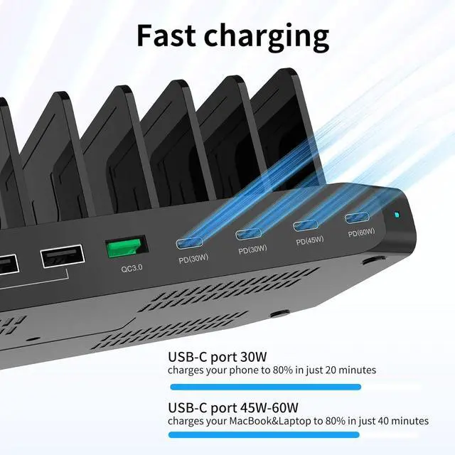 Alt view image 3 of 6 - Charging Station for Multiple Devices - 140W USB C Fast Charger Stations for Laptop iPad Charging Dock with Max PD 60W Charging Stand with Smartwatch & Airpods Holder for MacBook Phone Tablet