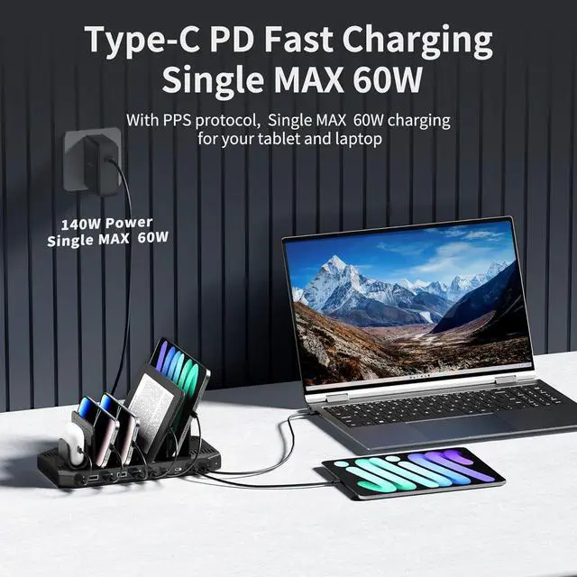 Alt view image 4 of 6 - Charging Station for Multiple Devices - 140W USB C Fast Charger Stations for Laptop iPad Charging Dock with Max PD 60W Charging Stand with Smartwatch & Airpods Holder for MacBook Phone Tablet
