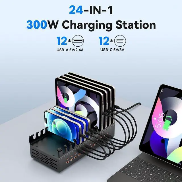 Alt view image 2 of 7 - 300W Charging Station for Multiple Devices 24 Port USB C Fast Charging Station Multi Device Charger Station Organizer Compatible with Cellphone Tablet Kindle iPhone iPad and More