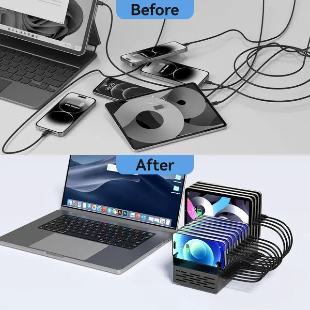 Alt view image 6 of 7 - 300W Charging Station for Multiple Devices 24 Port USB C Fast Charging Station Multi Device Charger Station Organizer Compatible with Cellphone Tablet Kindle iPhone iPad and More