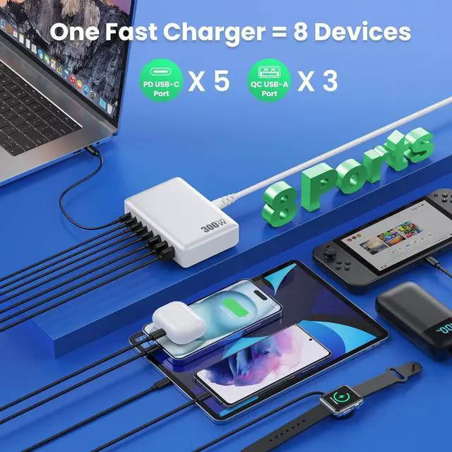 Alt view image 5 of 7 - USB C Charger 300W USB C Charger Block Charging Station,(GaN IV) 8-Ports Fast Charging Hub,Upgraded PD 100W USB C Laptop Desktop Charger Adapter Compatible with MacBook,,iPhone 16/15,Android-White