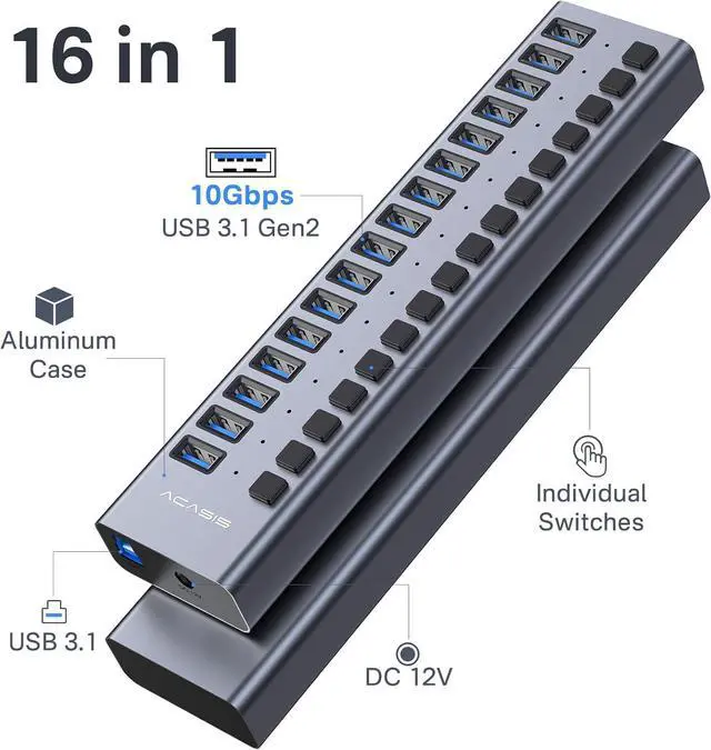 Alt view image 2 of 7 - Powered USB 3.1 Hub 16 Ports USB 3.1 Hub with 10Gbps Data SpeedAluminum Housing USB Hub Powered with 96W Power Adapter USB Hub for PC/Laptop Computer Flash Drive Printer Camera