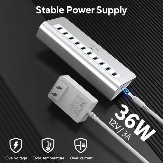 Alt view image 4 of 6 - Powered USB Hub, intpw 10 Port USB 3.1 Hub with 10Gbps Data Transfer, 30W(12V/2.5A) Power Adapter, USB Type A and Type C Cable, Aluminum USB Power Hub for Laptop, MacBook and Desktop Computer
