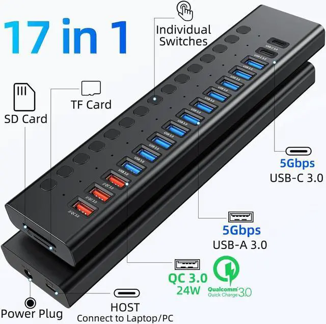 Alt view image 2 of 7 - Powered USB Hub, VANGREE 17-Port 90W USB 3.0 Hub (10 USB 3.0 Ports+3 QC24W Fast Charging Ports+2 USB-C 3.0 Ports+SD/TF Card Reader), Individual On/Off Switches, 12V/7.5A Power Adapter for Laptop, PC