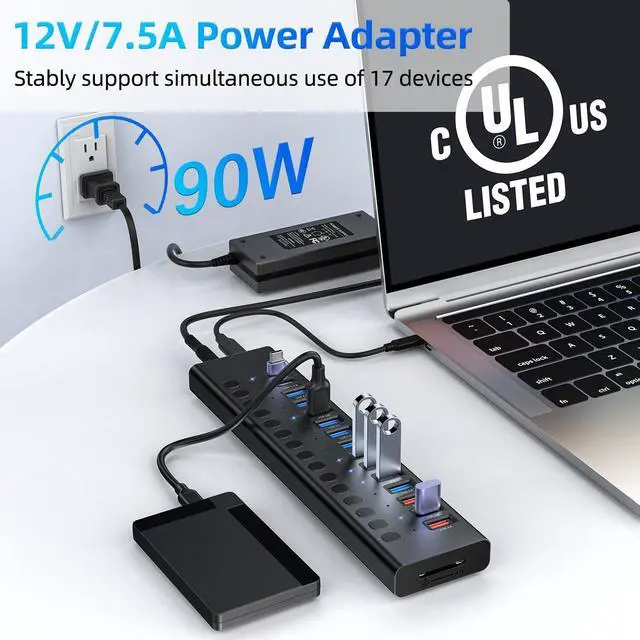 Alt view image 3 of 7 - Powered USB Hub, VANGREE 17-Port 90W USB 3.0 Hub (10 USB 3.0 Ports+3 QC24W Fast Charging Ports+2 USB-C 3.0 Ports+SD/TF Card Reader), Individual On/Off Switches, 12V/7.5A Power Adapter for Laptop, PC