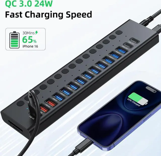 Alt view image 4 of 7 - Powered USB Hub, VANGREE 17-Port 90W USB 3.0 Hub (10 USB 3.0 Ports+3 QC24W Fast Charging Ports+2 USB-C 3.0 Ports+SD/TF Card Reader), Individual On/Off Switches, 12V/7.5A Power Adapter for Laptop, PC