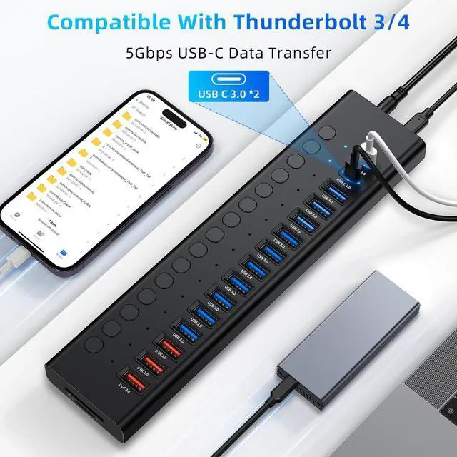 Alt view image 6 of 7 - Powered USB Hub, VANGREE 17-Port 90W USB 3.0 Hub (10 USB 3.0 Ports+3 QC24W Fast Charging Ports+2 USB-C 3.0 Ports+SD/TF Card Reader), Individual On/Off Switches, 12V/7.5A Power Adapter for Laptop, PC