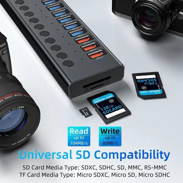 Alt view image 7 of 7 - Powered USB Hub, VANGREE 17-Port 90W USB 3.0 Hub (10 USB 3.0 Ports+3 QC24W Fast Charging Ports+2 USB-C 3.0 Ports+SD/TF Card Reader), Individual On/Off Switches, 12V/7.5A Power Adapter for Laptop, PC