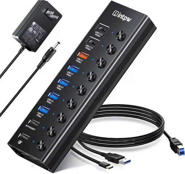 Main image of Powered USB Hub, intpw 9-Port USB 3.2/USB C Hub with 10Gbps USB-A 3.2,2 USB-C 3.2,4 USB 3.0 Ports,2 Fast Charging Port, Individual Switches, 48W Power Adapter, Aluminum USB Hub Powered for Laptop/PC