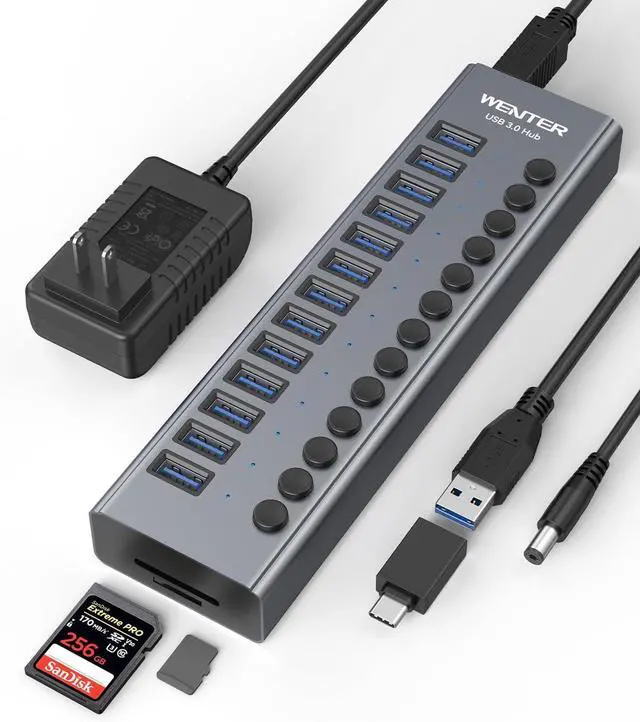 Main image of USB 3.0 Hub, Wenter 13 Ports Powered USB Hub with SD/TF Card Reader, Aluminum USB Splitter with Individual On/Off Switches, 12V/3A 36W Power Adapter for PC/Laptops