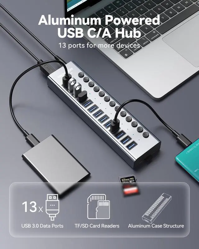 Alt view image 2 of 7 - USB 3.0 Hub, Wenter 13 Ports Powered USB Hub with SD/TF Card Reader, Aluminum USB Splitter with Individual On/Off Switches, 12V/3A 36W Power Adapter for PC/Laptops