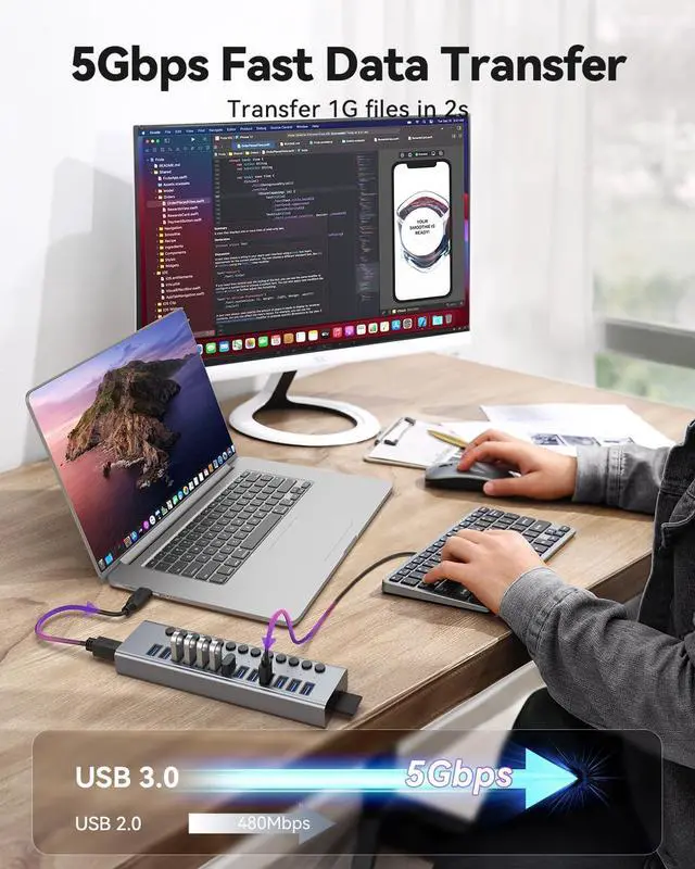 Alt view image 3 of 7 - USB 3.0 Hub, Wenter 13 Ports Powered USB Hub with SD/TF Card Reader, Aluminum USB Splitter with Individual On/Off Switches, 12V/3A 36W Power Adapter for PC/Laptops