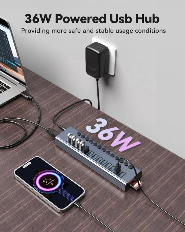 Alt view image 4 of 7 - USB 3.0 Hub, Wenter 13 Ports Powered USB Hub with SD/TF Card Reader, Aluminum USB Splitter with Individual On/Off Switches, 12V/3A 36W Power Adapter for PC/Laptops