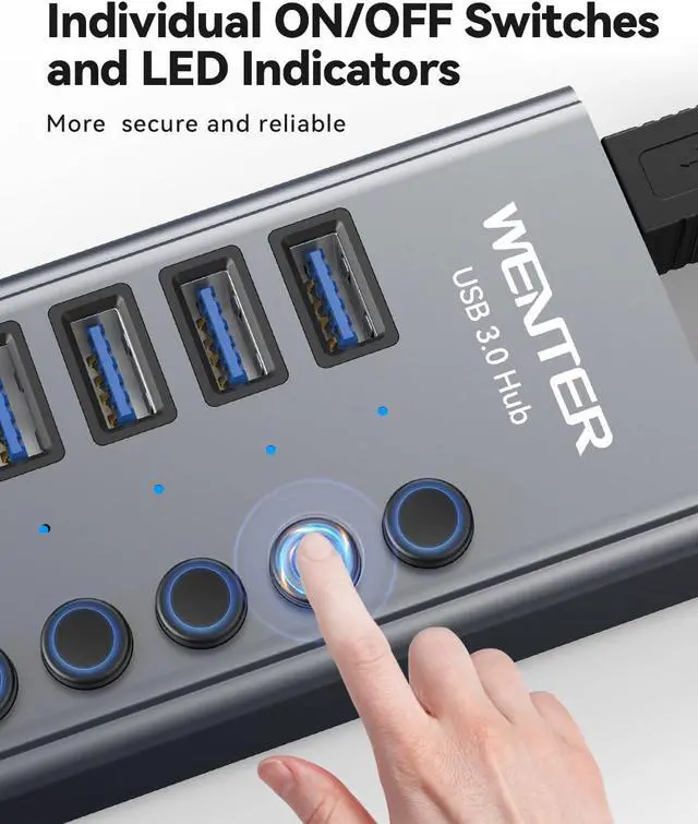 Alt view image 6 of 7 - USB 3.0 Hub, Wenter 13 Ports Powered USB Hub with SD/TF Card Reader, Aluminum USB Splitter with Individual On/Off Switches, 12V/3A 36W Power Adapter for PC/Laptops