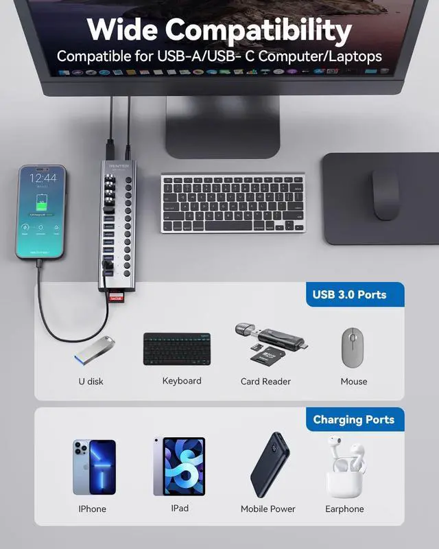 Alt view image 7 of 7 - USB 3.0 Hub, Wenter 13 Ports Powered USB Hub with SD/TF Card Reader, Aluminum USB Splitter with Individual On/Off Switches, 12V/3A 36W Power Adapter for PC/Laptops