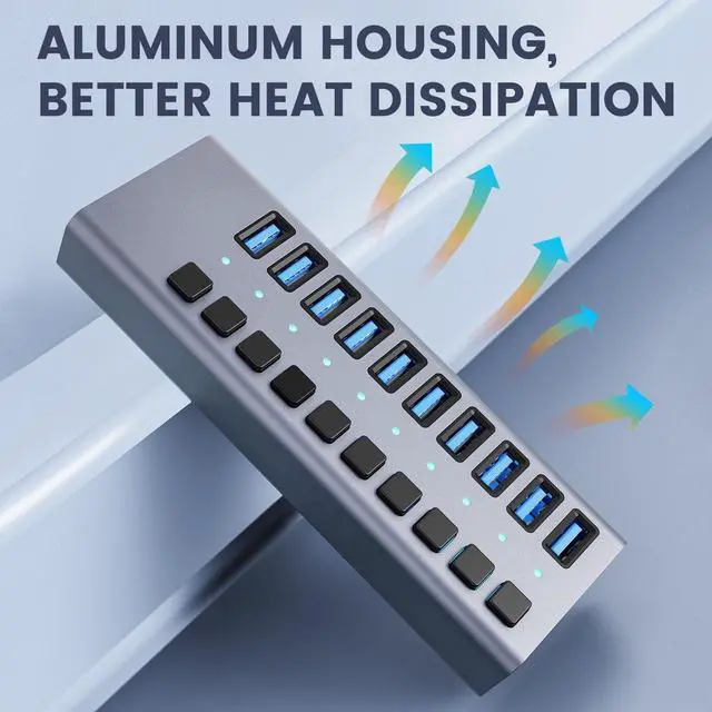 Alt view image 4 of 7 - 48W Powered USB Hub - ACASIS 10 Ports USB 3.0 Data Hub - with Individual On/Off Switches and 12V/4A Power Adapter USB Hub 3.0 Splitter for Laptop, PC, Computer, Mobile HDD, Flash Drive