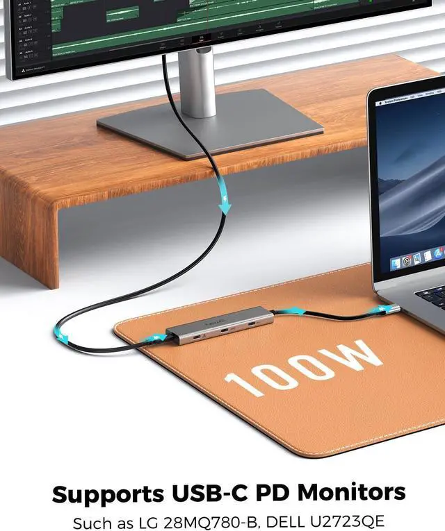 Alt view image 3 of 7 - USB C Hub for USB C Monitor, Portable Monitor and USB C Reverse Power Monitor, Dual USB C Video Display 4K@30-60Hz, 4* USB-C 3.2 GEN2 10Gbps, Support PD 100W Max, with USB C Video Cable