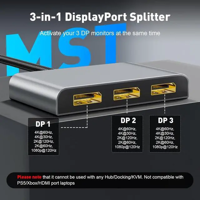 Alt view image 3 of 7 - DisplayPort Splitter for 3 Monitors Extended Display | 4K 60Hz Display Port 1 in 3 Out DP to Three DP MST Hub Adapter for PC NVIDIA AMD