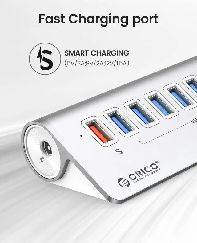 Alt view image 3 of 7 - USB Hub 3.0 Powered 7 Ports Aluminum USB Hub Splitter [5Gbps] with 7 USB 3.0 Data Ports + 1 Fast Charging Ports 18W5V/3A;9V/2A;12V/1.5A, 12V 3A Power Adapter with 1.64Ft Cable
