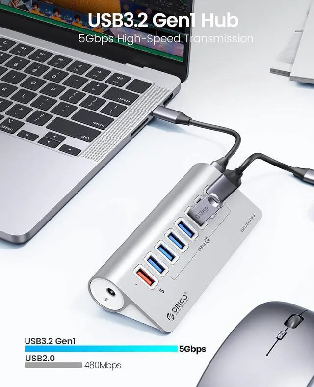 Alt view image 2 of 7 - USB Hub 3.0 Powered 7 Ports Aluminum USB Hub Splitter [5Gbps] with 7 USB 3.0 Data Ports + 1 Fast Charging Ports 18W5V/3A;9V/2A;12V/1.5A, 12V 3A Power Adapter with 1.64Ft Cable