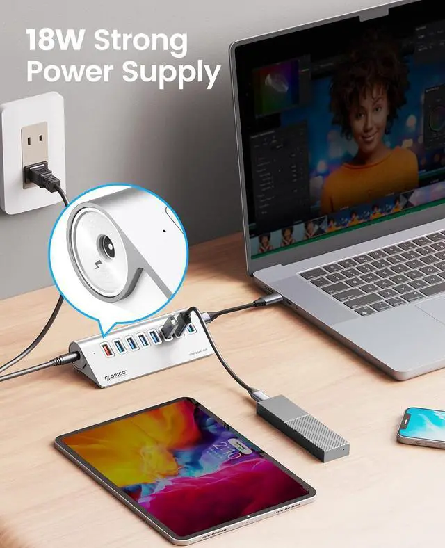 Alt view image 4 of 7 - USB Hub 3.0 Powered 7 Ports Aluminum USB Hub Splitter [5Gbps] with 7 USB 3.0 Data Ports + 1 Fast Charging Ports 18W5V/3A;9V/2A;12V/1.5A, 12V 3A Power Adapter with 1.64Ft Cable