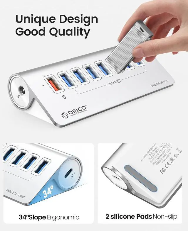 Alt view image 6 of 7 - USB Hub 3.0 Powered 7 Ports Aluminum USB Hub Splitter [5Gbps] with 7 USB 3.0 Data Ports + 1 Fast Charging Ports 18W5V/3A;9V/2A;12V/1.5A, 12V 3A Power Adapter with 1.64Ft Cable