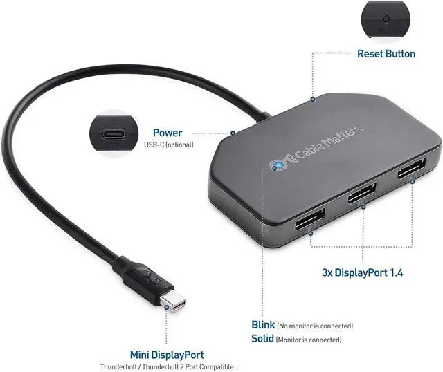 Alt view image 2 of 7 - Cable Matters 101075, Triple Monitor Mini DisplayPort/DisplayPort Hub, (3X 4K DisplayPort Splitter) 3-Port DisplayPort 1.4 Enabled for 8K and 4K 120Hz HDR for Windows Only, NOT Compatible with macOS