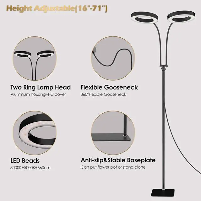 Alt view image 2 of 7 - Grow Light with Stand,2-Head LED Plant Light for Indoor Plants, Full Spectrum Grow Lamp, 3/9/12H Timer, 6 Dimmable Levels, 3 Lighting Mode, Adjustable Height