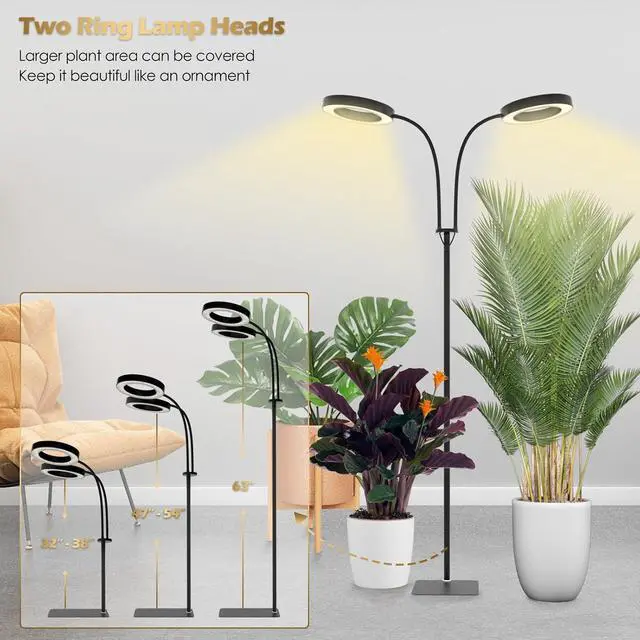 Alt view image 3 of 7 - Grow Light with Stand,2-Head LED Plant Light for Indoor Plants, Full Spectrum Grow Lamp, 3/9/12H Timer, 6 Dimmable Levels, 3 Lighting Mode, Adjustable Height