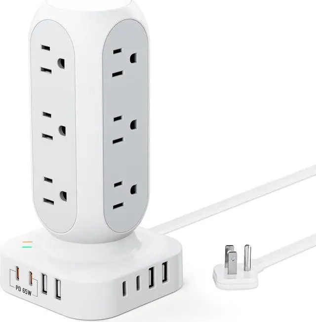 Main image of 65W Fast Charging Station, Flat Plug Power Strip Tower with 12 AC Outlets & 8 USB Ports (2 PD USB-C Ports), 10FT Extension Cord, Compatible for MacBook Pro, iPhone Series.