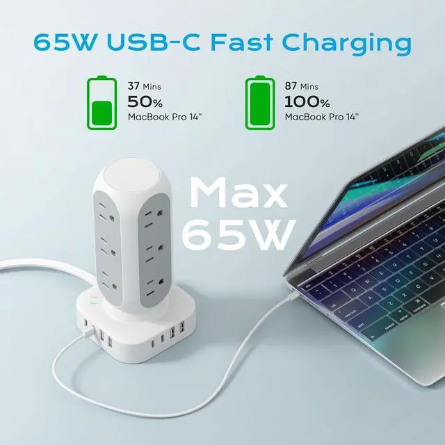 Alt view image 2 of 6 - 65W Fast Charging Station, Flat Plug Power Strip Tower with 12 AC Outlets & 8 USB Ports (2 PD USB-C Ports), 10FT Extension Cord, Compatible for MacBook Pro, iPhone Series.