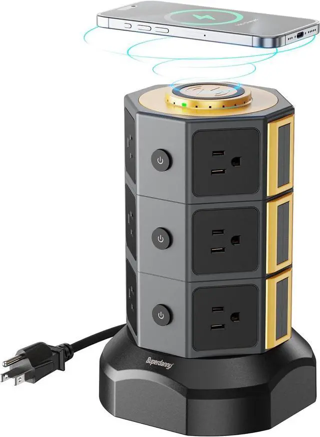 Main image of Power Strip Tower, SUPERDANNY Surge Protector Tower with 15W Wireless Charger, 1050J, 13A Charging Station with 12 AC Outlets & 6 USB Ports (2 USB C), 6.5ft Extension Cord for Home Office Dorm, Gold