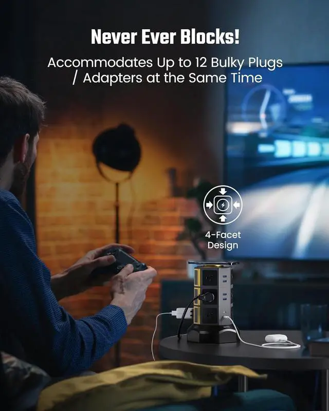 Alt view image 3 of 7 - Power Strip Tower, SUPERDANNY Surge Protector Tower with 15W Wireless Charger, 1050J, 13A Charging Station with 12 AC Outlets & 6 USB Ports (2 USB C), 6.5ft Extension Cord for Home Office Dorm, Gold