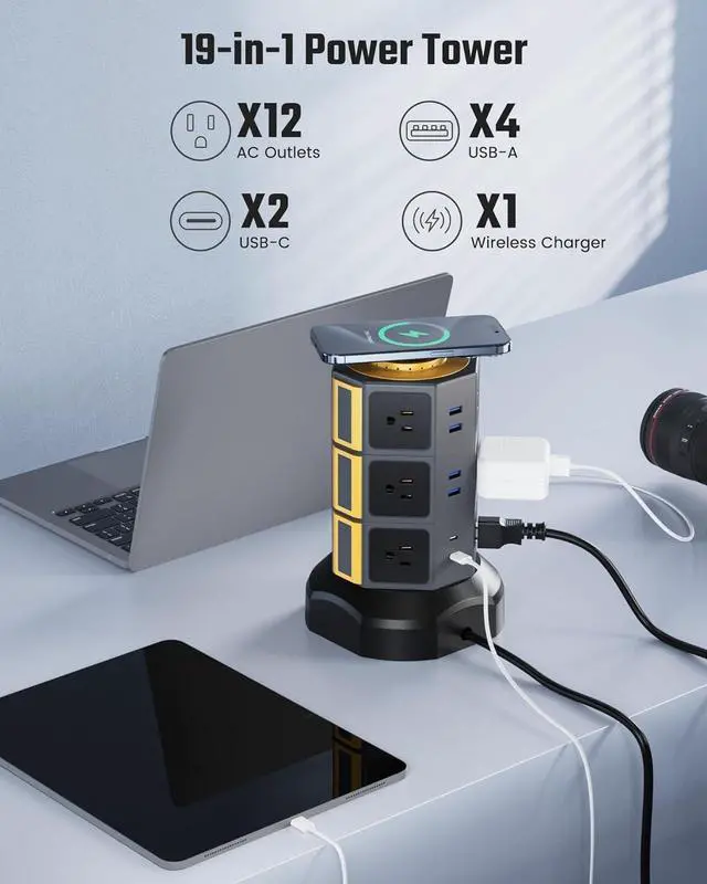Alt view image 4 of 7 - Power Strip Tower, SUPERDANNY Surge Protector Tower with 15W Wireless Charger, 1050J, 13A Charging Station with 12 AC Outlets & 6 USB Ports (2 USB C), 6.5ft Extension Cord for Home Office Dorm, Gold