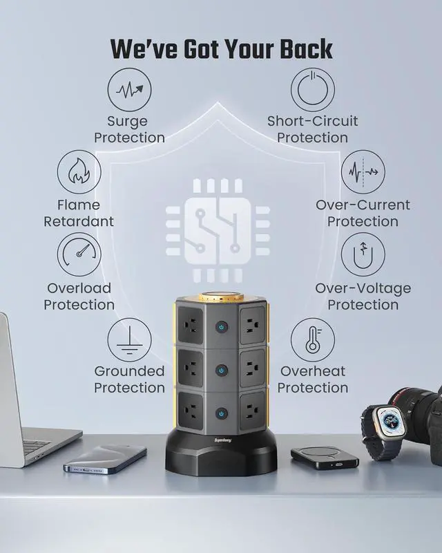 Alt view image 6 of 7 - Power Strip Tower, SUPERDANNY Surge Protector Tower with 15W Wireless Charger, 1050J, 13A Charging Station with 12 AC Outlets & 6 USB Ports (2 USB C), 6.5ft Extension Cord for Home Office Dorm, Gold