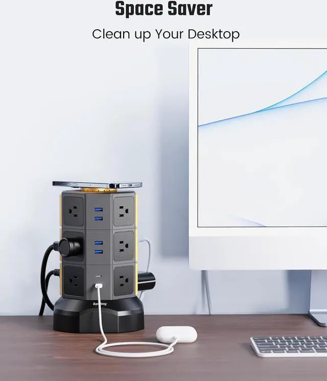 Alt view image 7 of 7 - Power Strip Tower, SUPERDANNY Surge Protector Tower with 15W Wireless Charger, 1050J, 13A Charging Station with 12 AC Outlets & 6 USB Ports (2 USB C), 6.5ft Extension Cord for Home Office Dorm, Gold