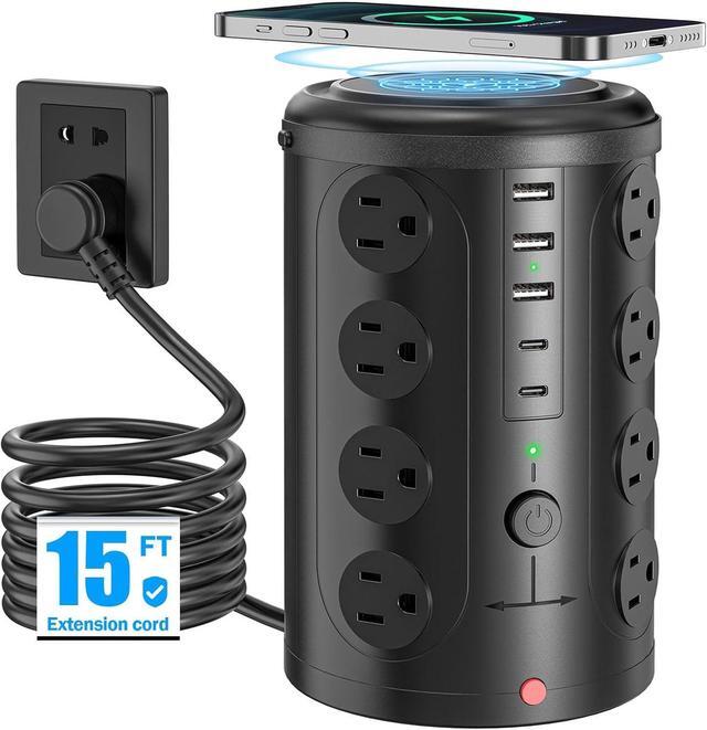 Main image of Tower Power Strip with 15W Wireless Charger, 15FT Extension Cord with Multiple Outlets, 16 AC Outlets & 5 USB (2 USB C) Charging Station Surge Protector for Office Home Dorm Room (Black)