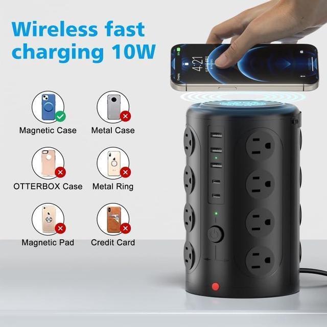 Alt view image 2 of 7 - Tower Power Strip with 15W Wireless Charger, 15FT Extension Cord with Multiple Outlets, 16 AC Outlets & 5 USB (2 USB C) Charging Station Surge Protector for Office Home Dorm Room (Black)