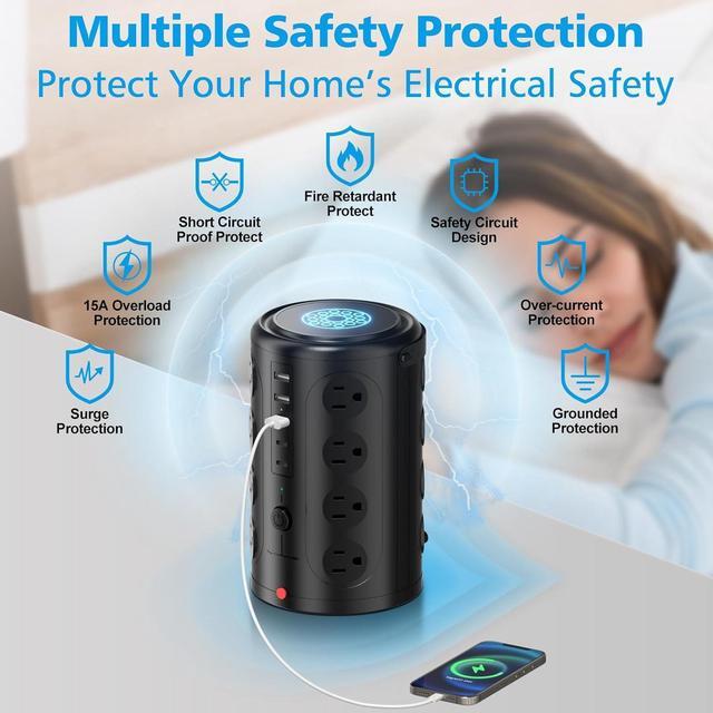 Alt view image 3 of 7 - Tower Power Strip with 15W Wireless Charger, 15FT Extension Cord with Multiple Outlets, 16 AC Outlets & 5 USB (2 USB C) Charging Station Surge Protector for Office Home Dorm Room (Black)