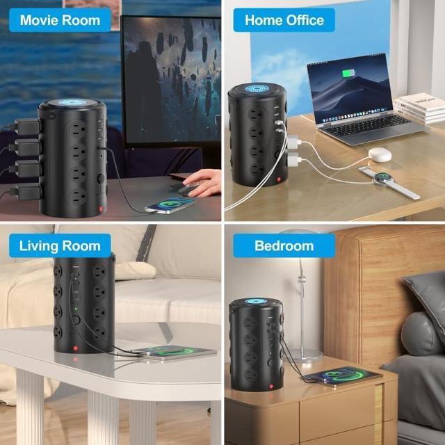 Alt view image 5 of 7 - Tower Power Strip with 15W Wireless Charger, 15FT Extension Cord with Multiple Outlets, 16 AC Outlets & 5 USB (2 USB C) Charging Station Surge Protector for Office Home Dorm Room (Black)