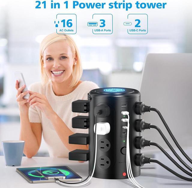 Alt view image 4 of 7 - Tower Power Strip with 15W Wireless Charger, 15FT Extension Cord with Multiple Outlets, 16 AC Outlets & 5 USB (2 USB C) Charging Station Surge Protector for Office Home Dorm Room (Black)