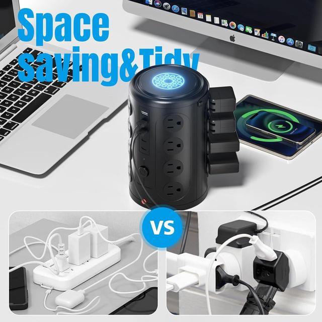 Alt view image 6 of 7 - Tower Power Strip with 15W Wireless Charger, 15FT Extension Cord with Multiple Outlets, 16 AC Outlets & 5 USB (2 USB C) Charging Station Surge Protector for Office Home Dorm Room (Black)