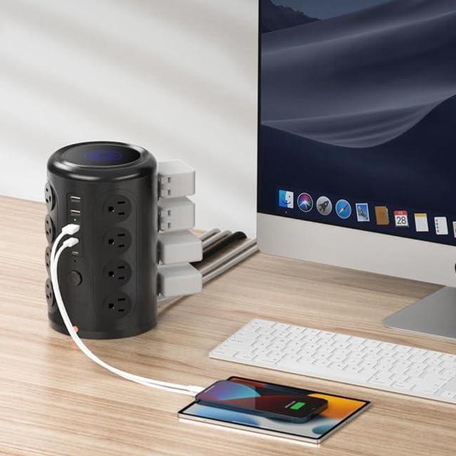 Alt view image 7 of 7 - Tower Power Strip with 15W Wireless Charger, 15FT Extension Cord with Multiple Outlets, 16 AC Outlets & 5 USB (2 USB C) Charging Station Surge Protector for Office Home Dorm Room (Black)